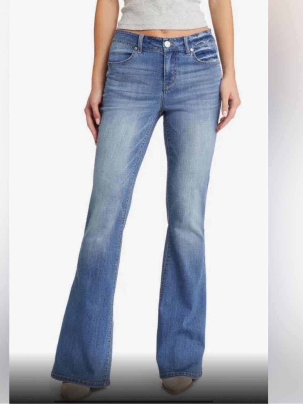 1822 Blue Jeans Medium Wash Blue Stretch Denim Mid Rise Bootcut Flare Size 6